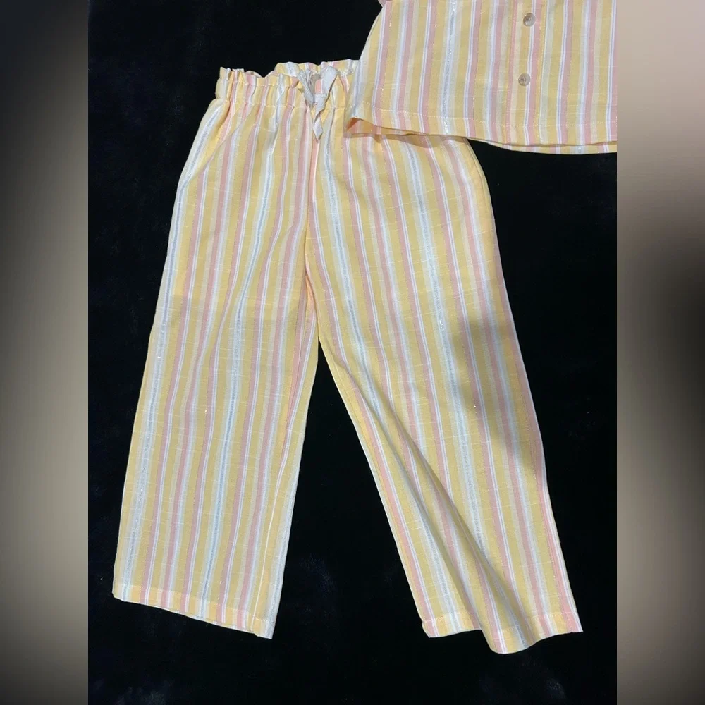 Btween Girls Two Piece Outfit Yellow Pink Stripe Ruffle Top Pants Size 4 - Picture 2 of 3